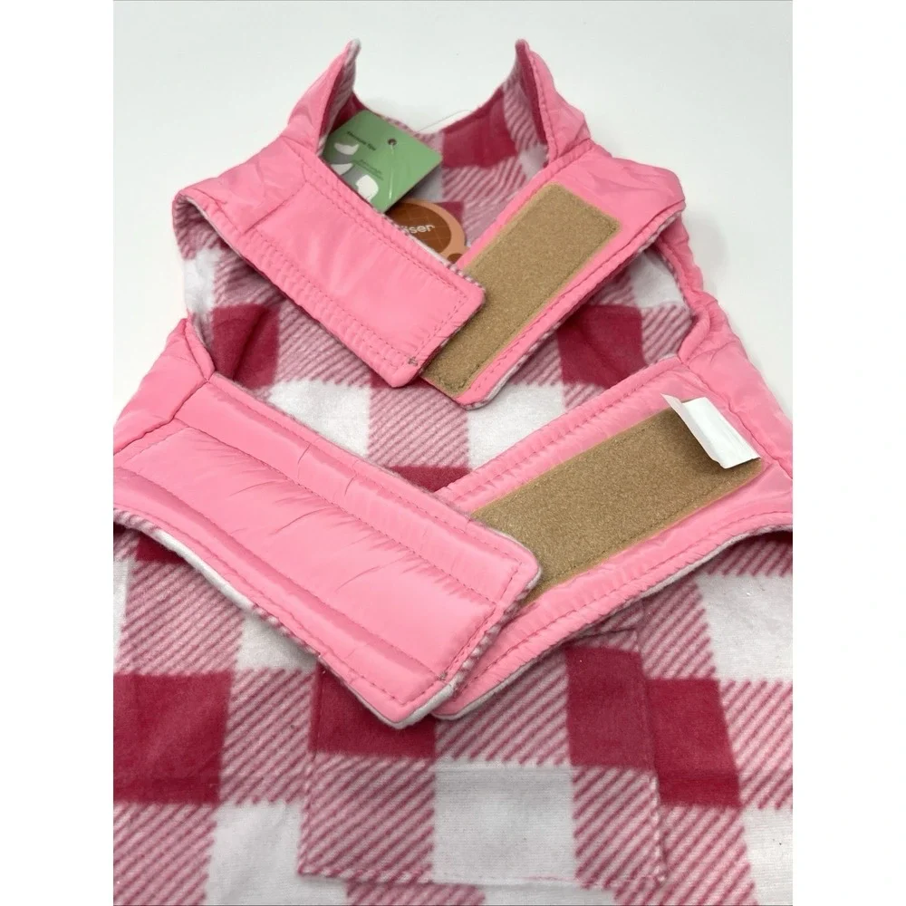 Dog Puffer Coat Reversible Reflective Waterproof Jacket Medium Pink Plaid Kuoser